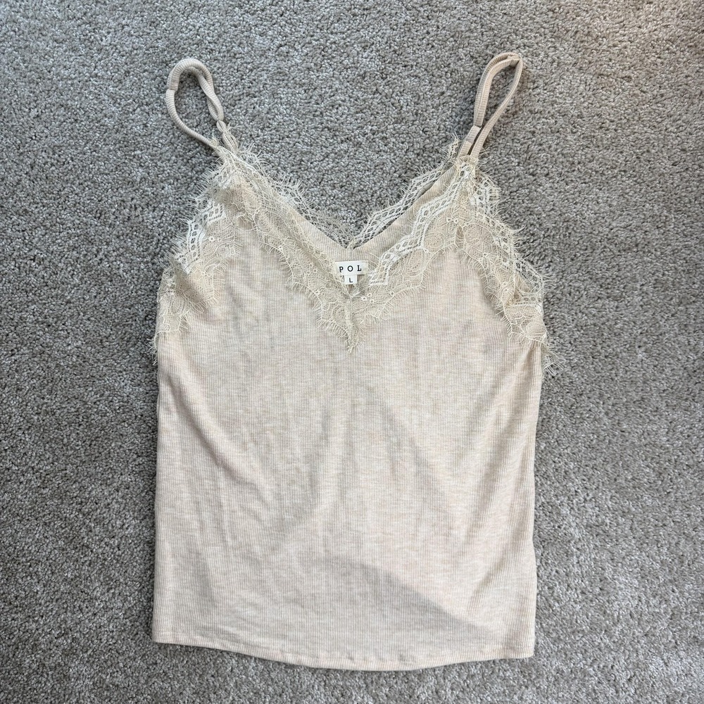 POL Tank Top Womens Large Beige Lace Trim Cami Camisole Adjustable Strap